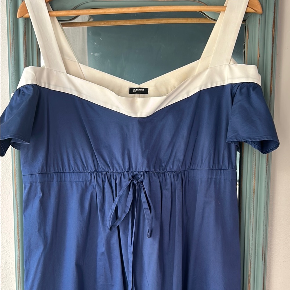 Zara Blue and White Off-Shoulder Dress